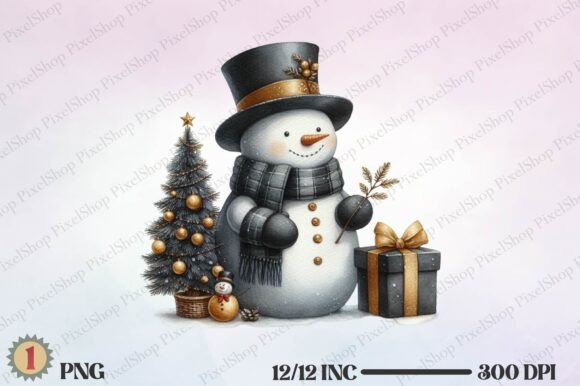 Black Gold Christmas Snowman PNG & Illustrations