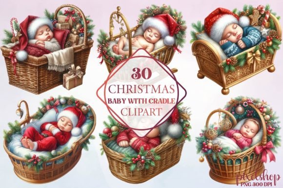 Christmas Baby with Cradle Clipart: Editorial Illustrations