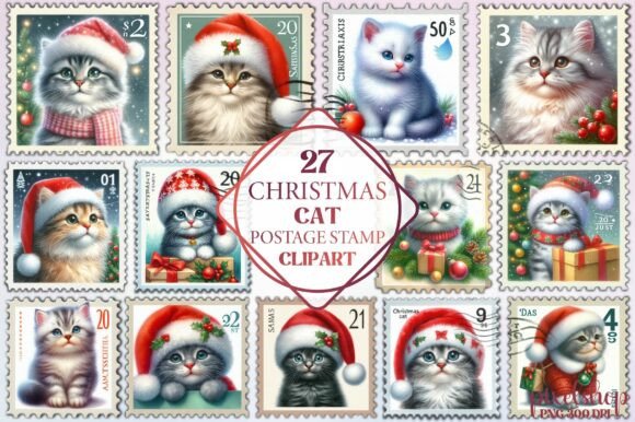 Christmas Cat Stamp Clipart: Editorial Illustrations