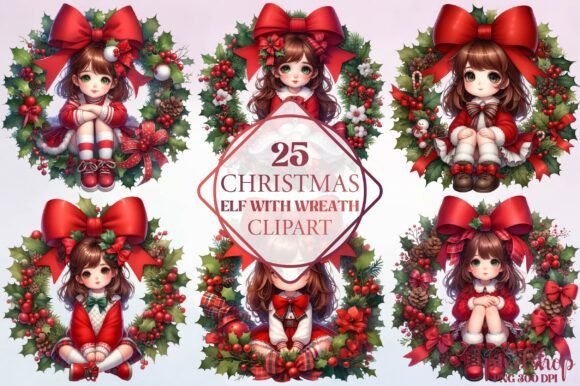 Christmas Elf with Wreath Clipart for Illustrations