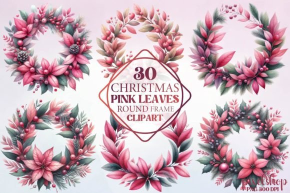 Christmas Pink Leaves Round Frame: Illustrations Review