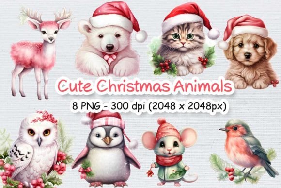 Cute Watercolor Christmas Animals Illustrations