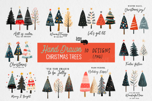 Hand Drawn Christmas Tree PNG Bundle: Illustrations