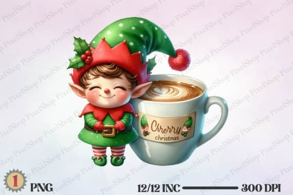 Merry Christmas Elf Coffee Cup Illustrations