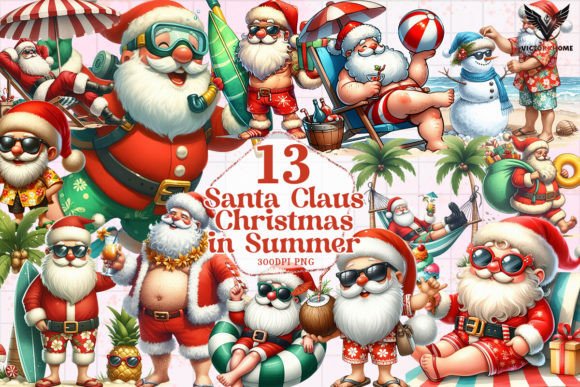 Santa Claus Christmas in Summer Clipart: Illustrations for Branding