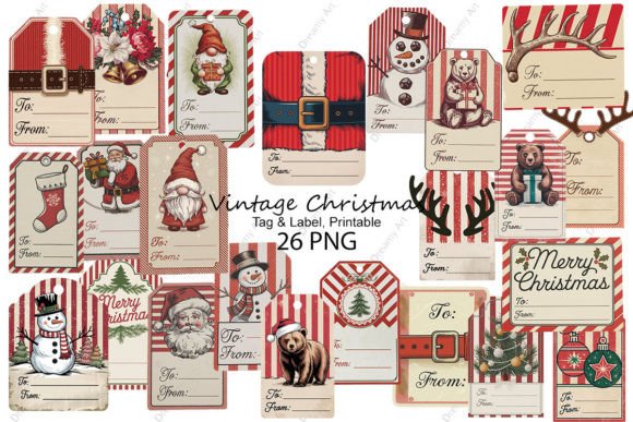 Vintage Christmas Tag Label, Printable Illustrations