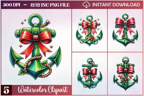 Watercolor Christmas Anchor Clipart & Illustrations