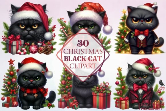 Watercolor Christmas Black Cat Illustrations Review