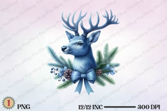 Watercolor Christmas Blue Deer Head Illustrations