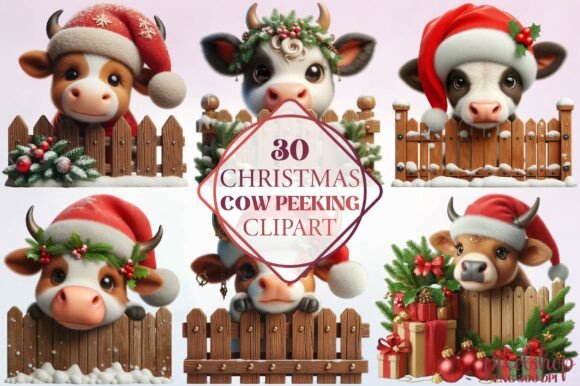 Watercolor Christmas Cow Peeking Clipart: Illustrations