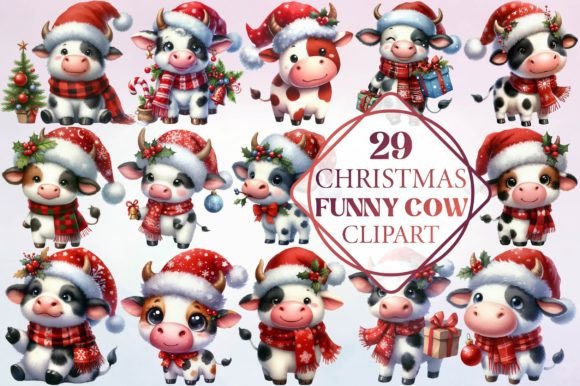 Watercolor Christmas Funny Cow Clipart Review