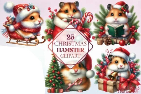 Watercolor Christmas Hamster Clipart & Illustrations