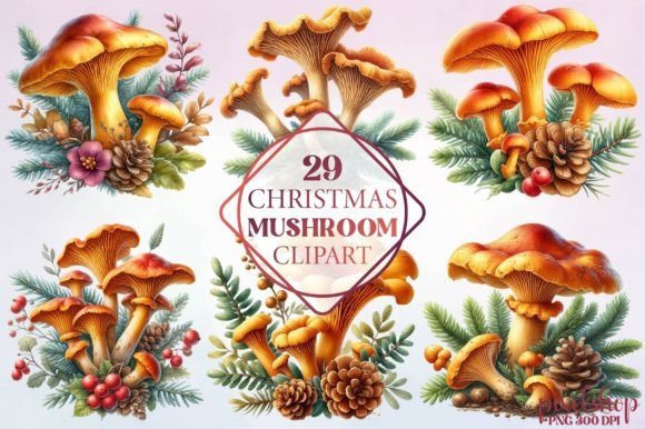 Watercolor Christmas Mushroom Clipart for Illustrations