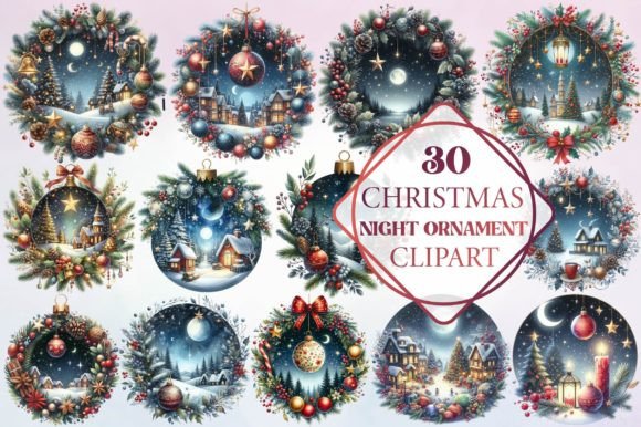 Watercolor Christmas Night Ornament Illustrations