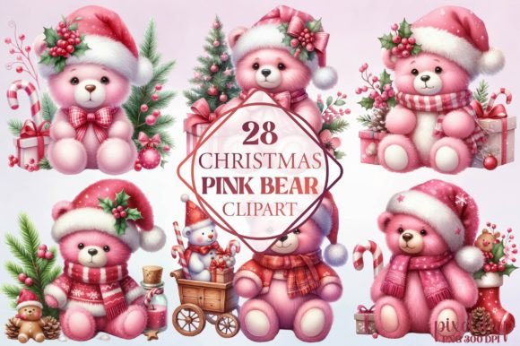 Watercolor Christmas Pink Bear Clipart for Illustrations