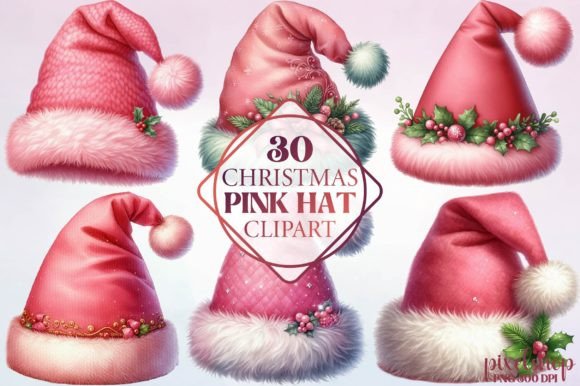 Watercolor Christmas Pink Hat Clipart & Illustrations