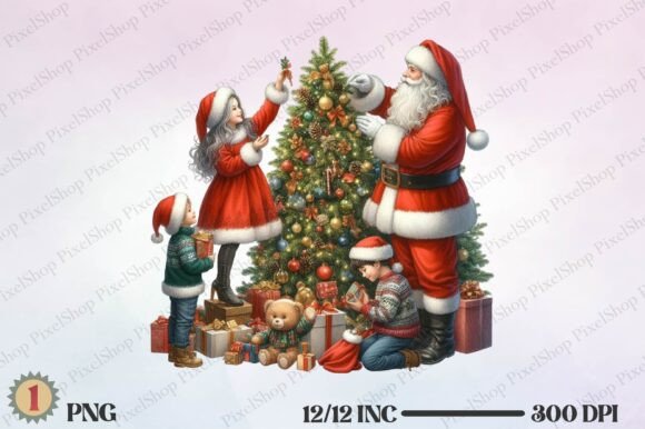 Watercolor Christmas Santa Family PNG Illustrations
