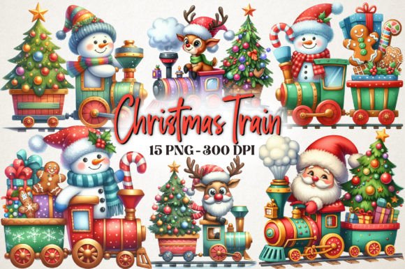 Watercolor Christmas Train Clipart & Illustrations