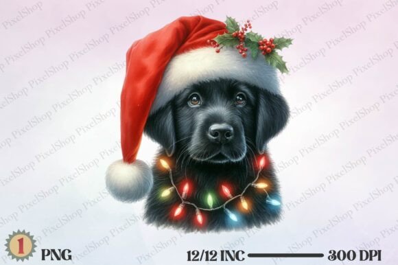 Watercolor Merry Christmas Black Dog Illustrations